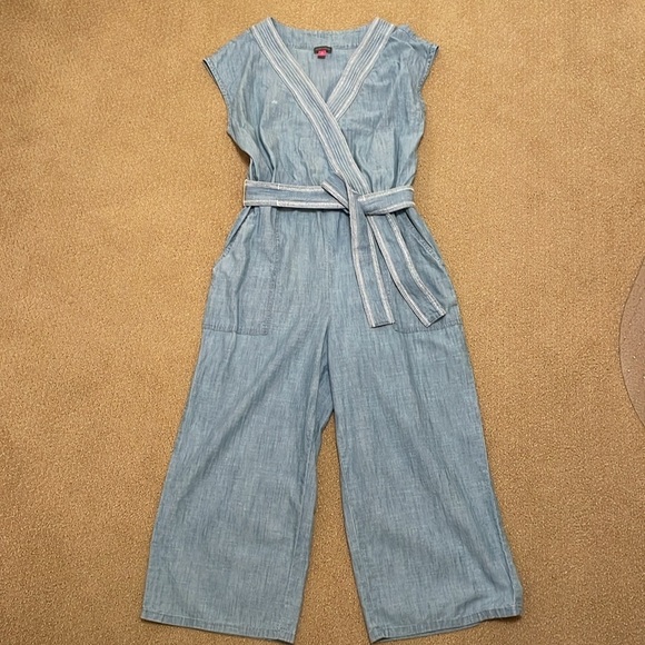 Vince Camuto Jumpsuit Womens Medium Blue White Wide Leg Tie Waist Romper Cute - Picture 3 of 8